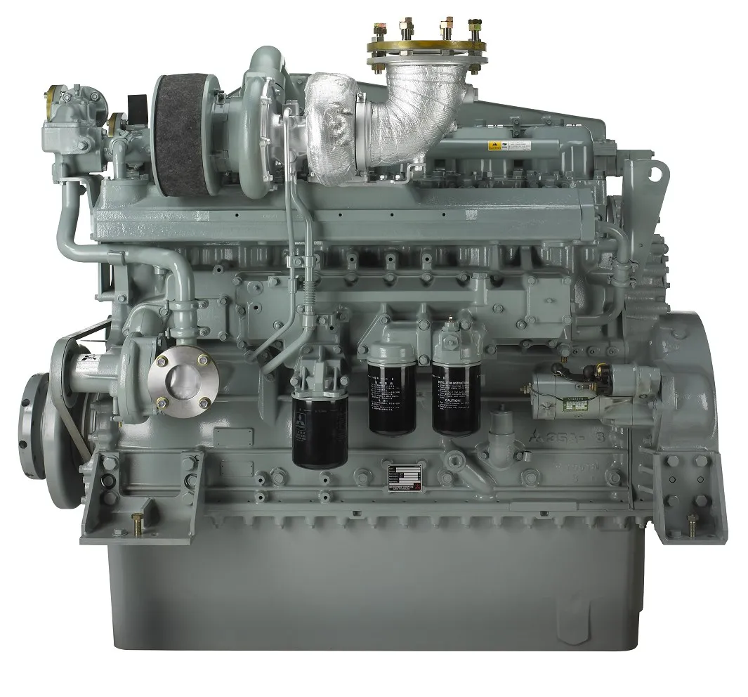 An older S6A3-MPTAW marine engine, grey-painted, front view showing the turbocharger and fuel filters
